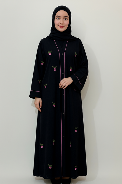 Modest Front Open Black Floral Abaya